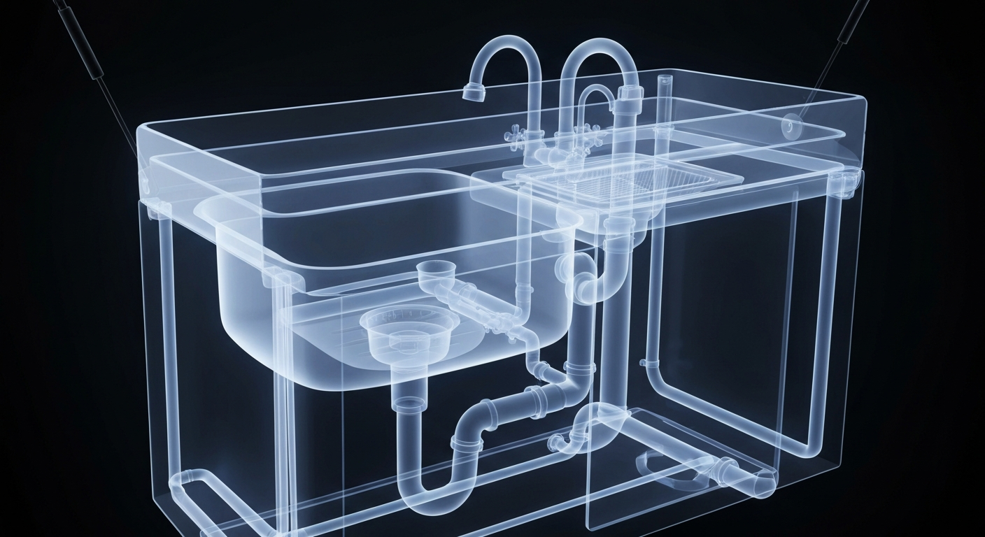 An extreme close-up X-ray photograph showing the internal structure of a food truck's sink and water system, revealing the lack of proper equipment that led to the truck's closure.