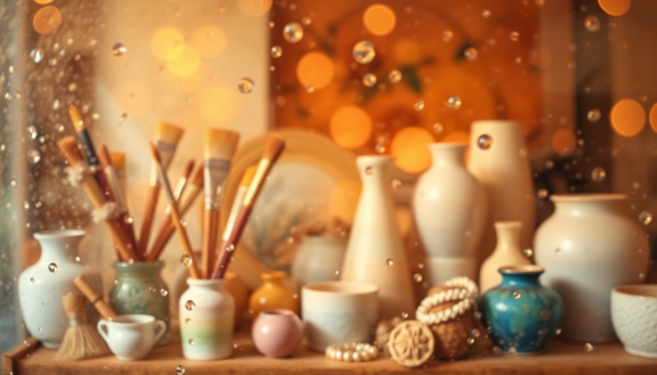 An abstract, impressionistic scene of blurred, colorful shapes and textures representing various artistic mediums and creative tools, conveying the mood of an immersive art exhibition.