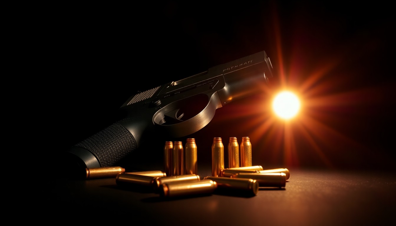 An extreme close-up photograph of a handgun and ammunition cartridges lit by a harsh, direct camera flash against a pitch-black background, conceptually illustrating the serious nature of the federal firearms offense.