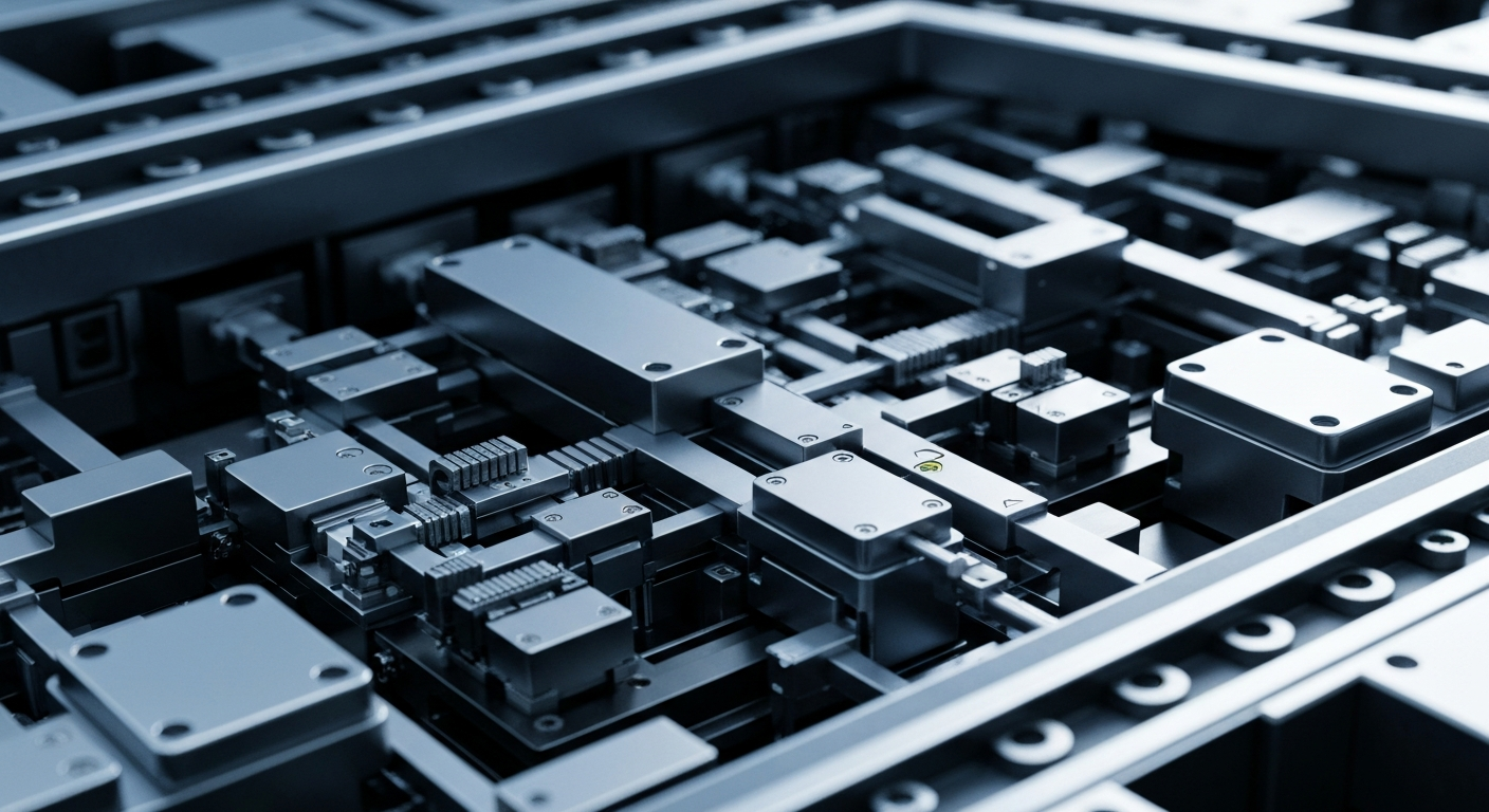 An extreme close-up of highly engineered, industrial-scale semiconductor fabrication machinery, conveying the complex, high-precision technology behind advanced chip production.
