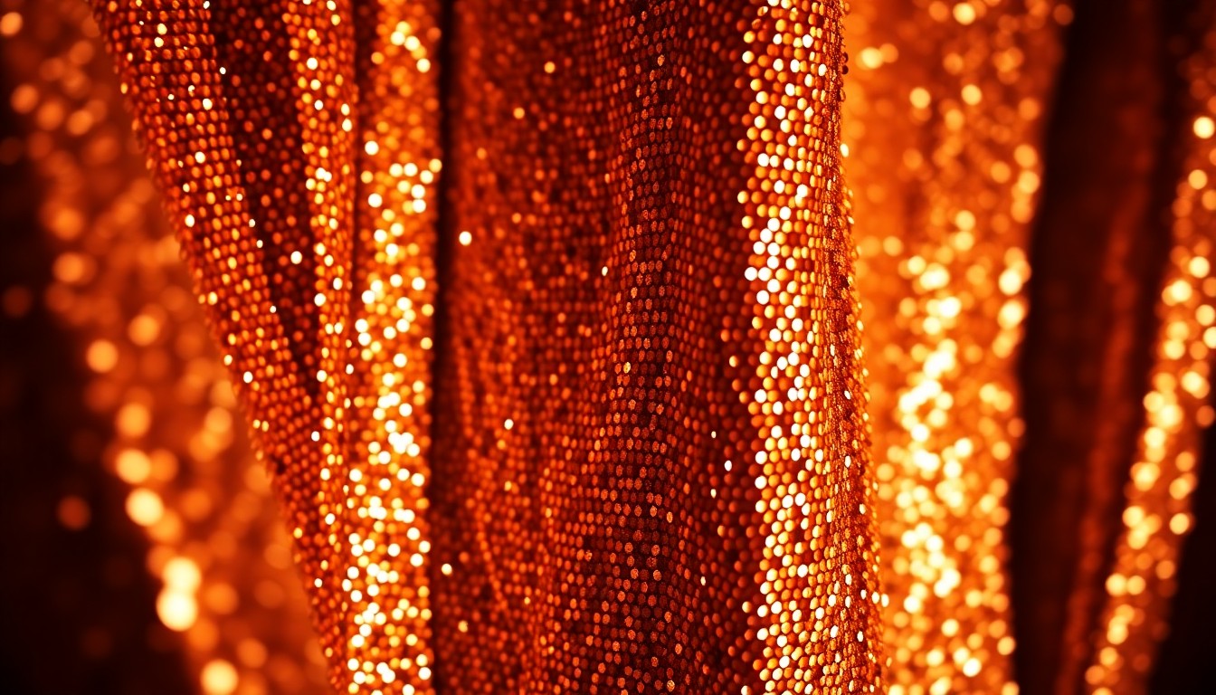 An extreme close-up photograph of shimmering, glittering sequins in dramatic, high-contrast studio lighting, conceptually representing the luxurious, glamorous aesthetic of Mariah Carey's iconic New York City home.