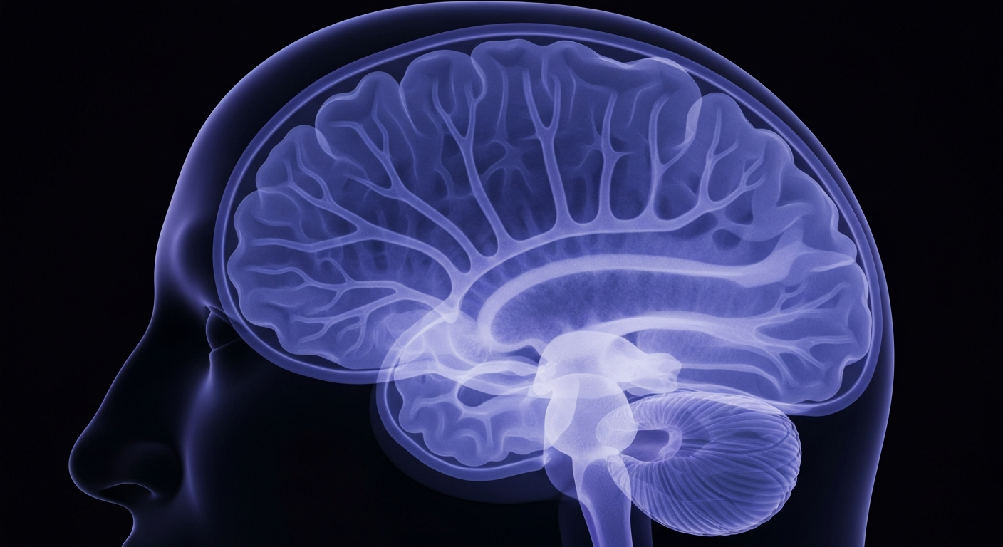 A detailed X-ray image of a human brain, with the complex neural structures and pathways visible as ghostly blue and purple lines against a dark background, conceptually representing the importance of mental health in the workplace.