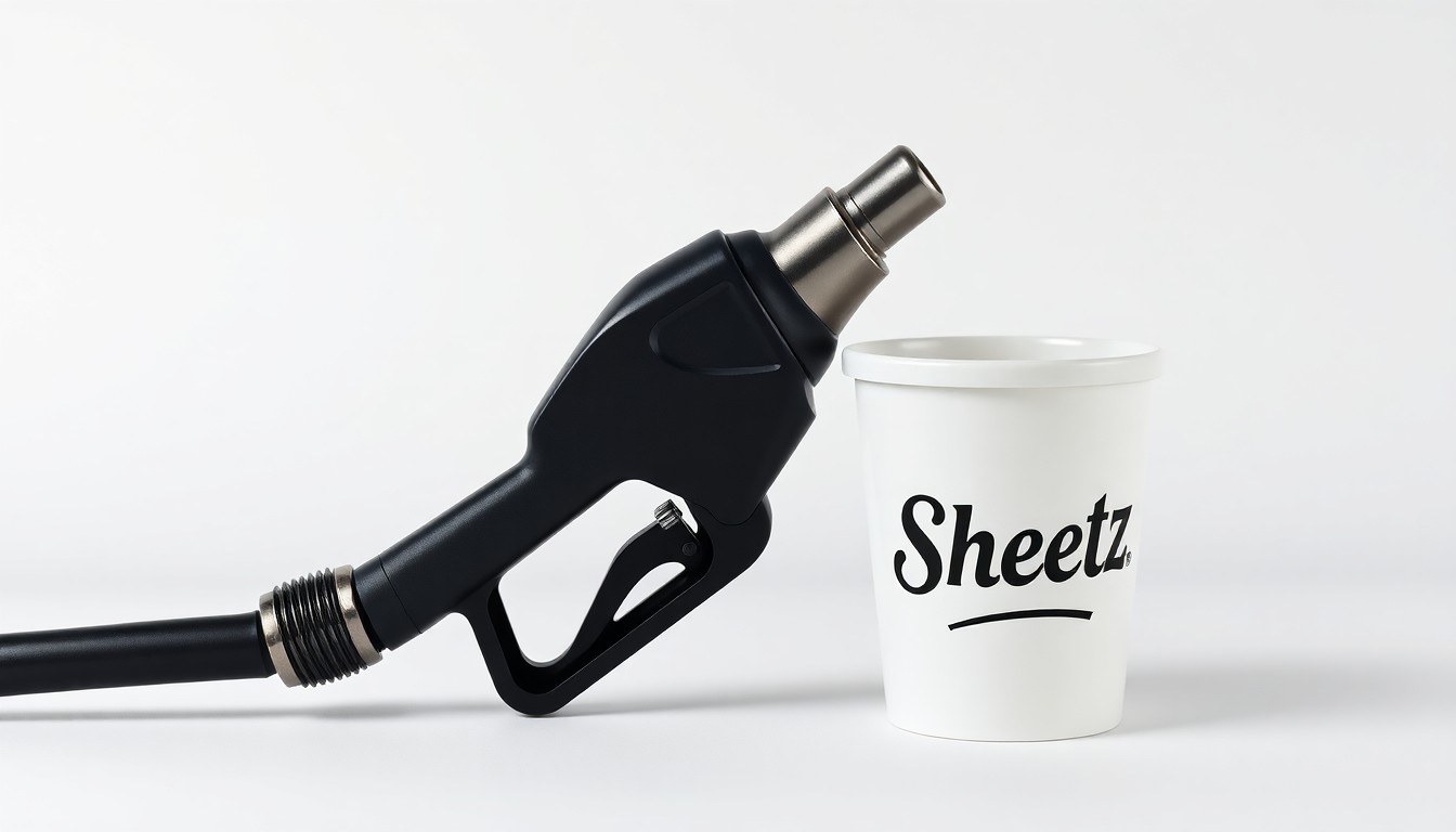 A high-end, photorealistic studio still-life photograph featuring a sleek, modern gas pump nozzle and a crisp, white Sheetz-branded coffee cup arranged elegantly on a clean, monochromatic background, conceptually representing the premium quality and experience of the Sheetz brand.