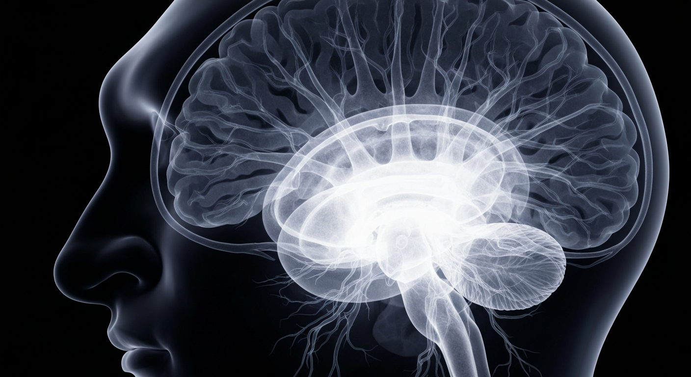 An extreme close-up X-ray photograph revealing the delicate, intricate structures of the human brain and nervous system, conveying the complexity of Multiple System Atrophy as a neurological disorder.