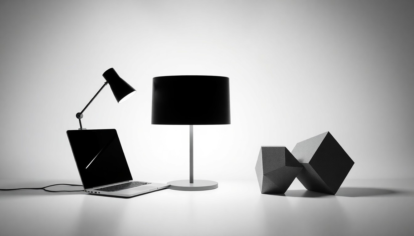 A minimalist, high-end studio still life photograph featuring a sleek laptop, a stylish desk lamp, and a geometric sculpture, all arranged elegantly on a clean, monochromatic background, conceptually representing the themes of digital marketing, innovation, and technology.