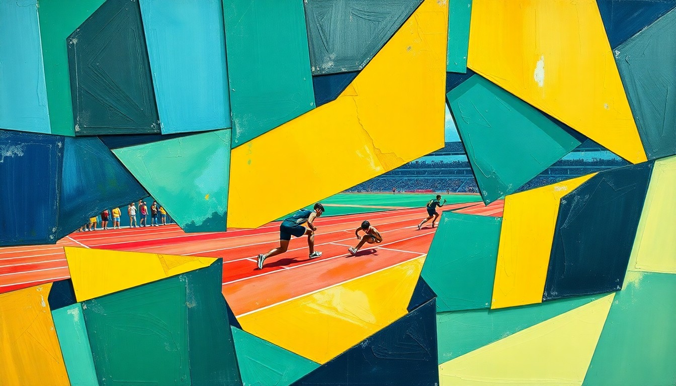 A fragmented, geometric painting in bold colors depicting the dynamic action and competition of a high school track and field meet, with overlapping planes and angles conveying the excitement of the event.