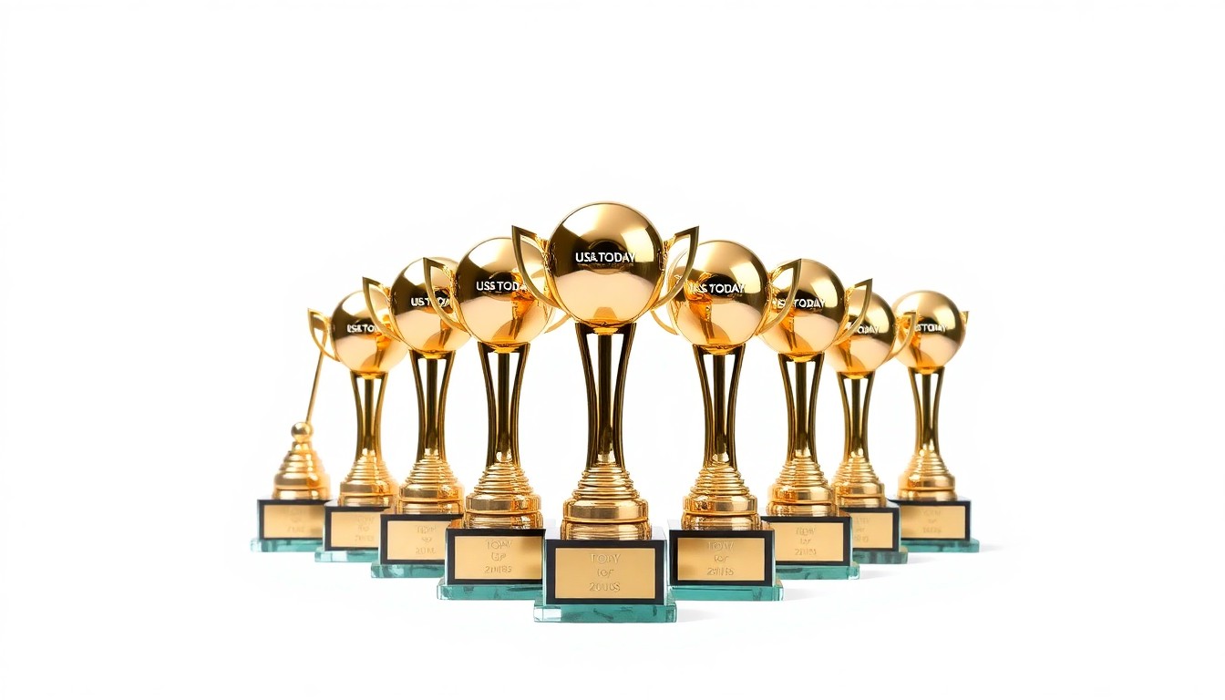 A photorealistic studio still-life featuring a stack of sleek, polished metal and glass trophies, representing the prestige and recognition of the USA TODAY Top Workplaces awards.