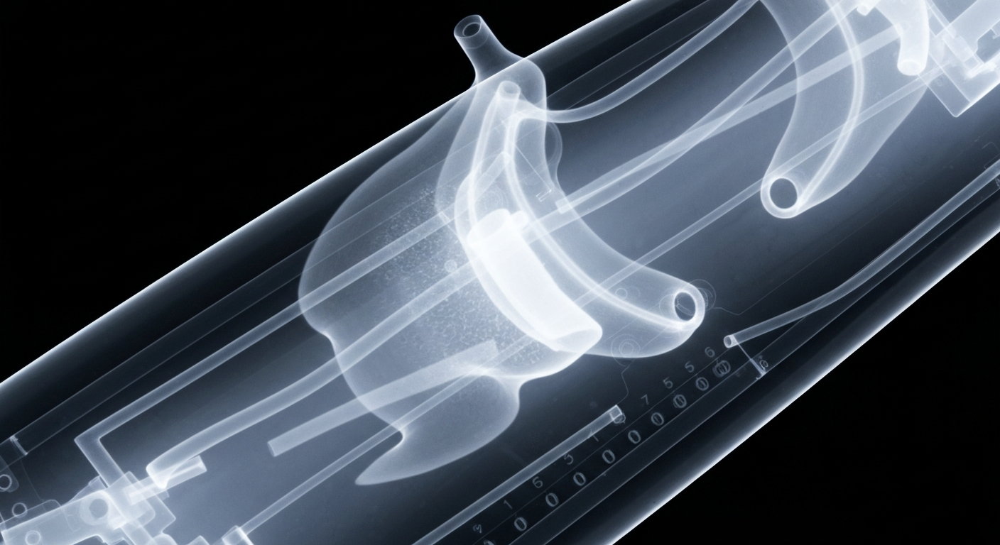 An extreme close-up X-ray photograph revealing the intricate internal components of a fertility tracking device, with glowing lines and ghostly forms against a dark background, conceptually illustrating the advanced technology behind Inito's new product.