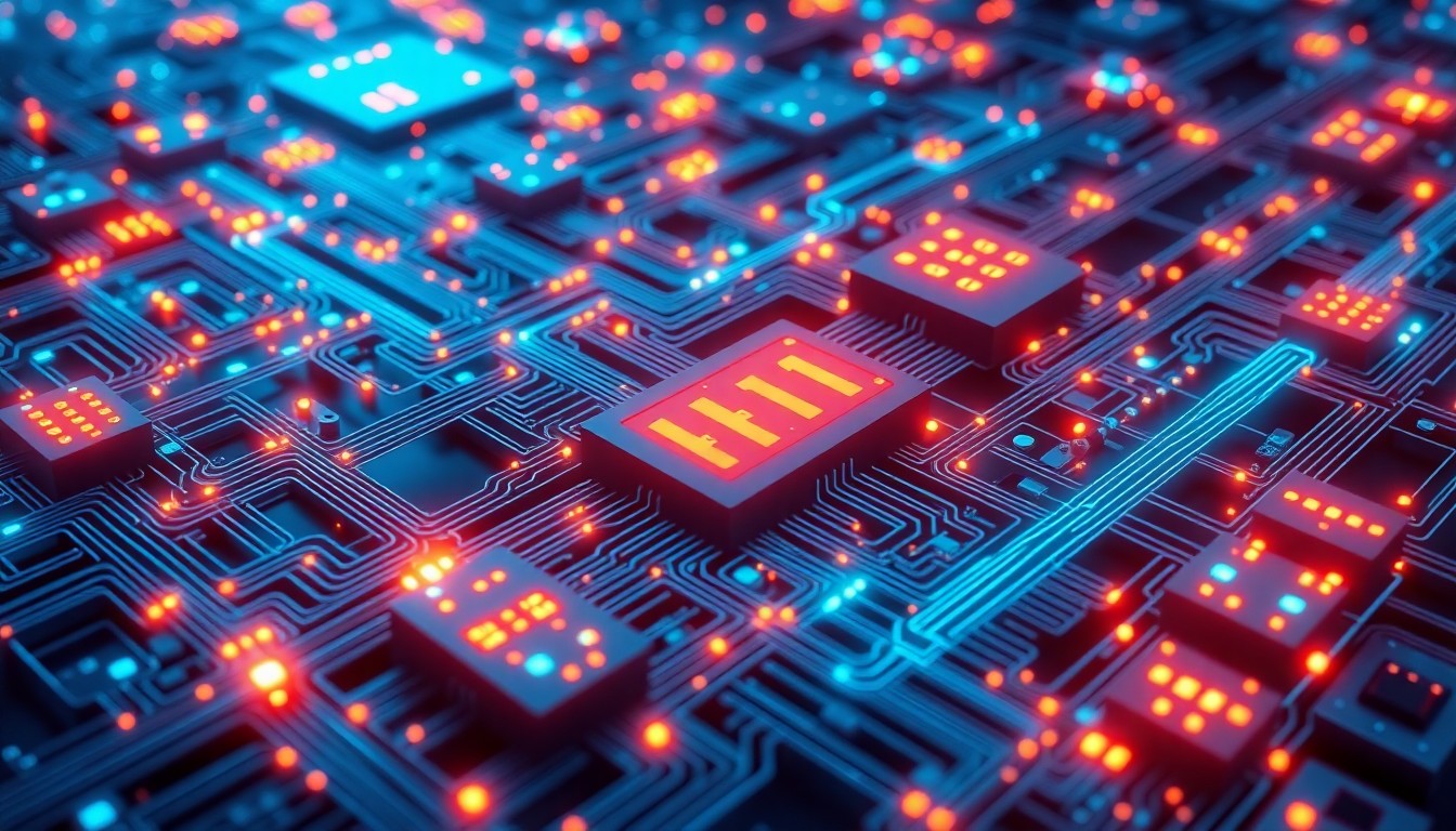A highly detailed, glowing 3D illustration of a complex network of interconnected circuits, cables, and data hubs, representing the advanced technology powering Motorola Solutions' enhanced 911 call routing and dispatch capabilities.