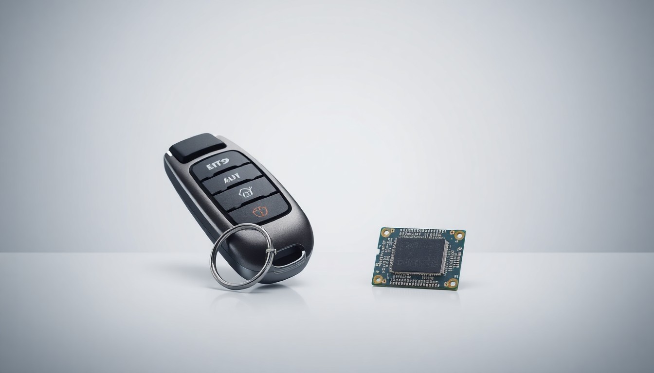 A high-end, photorealistic studio still-life photograph featuring a sleek, metallic vehicle key and a small, polished circuit board arranged elegantly against a clean, monochromatic background, conceptually representing the integration of connected vehicle technology into the automotive supply chain.