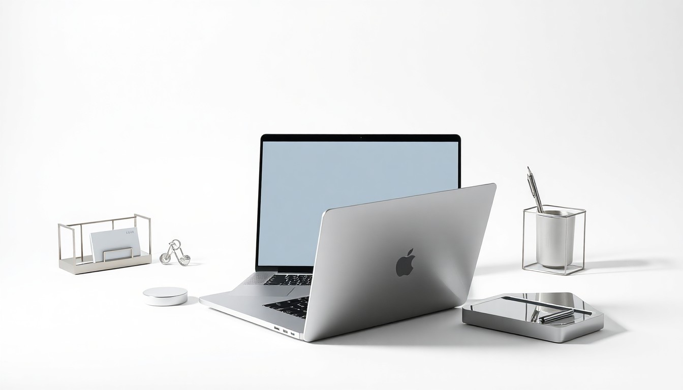 A minimalist studio still life featuring a sleek laptop, metal business card holder, and desk organizer, conceptually representing the integration of banking services into business technology.
