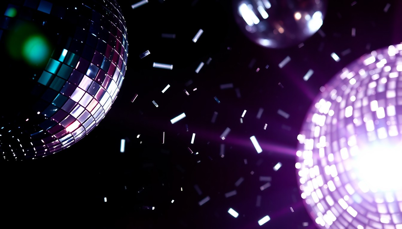 An extreme close-up photograph of shattered disco ball fragments reflecting bright stage lights, creating a high-contrast, abstract, and glamorous visual texture.