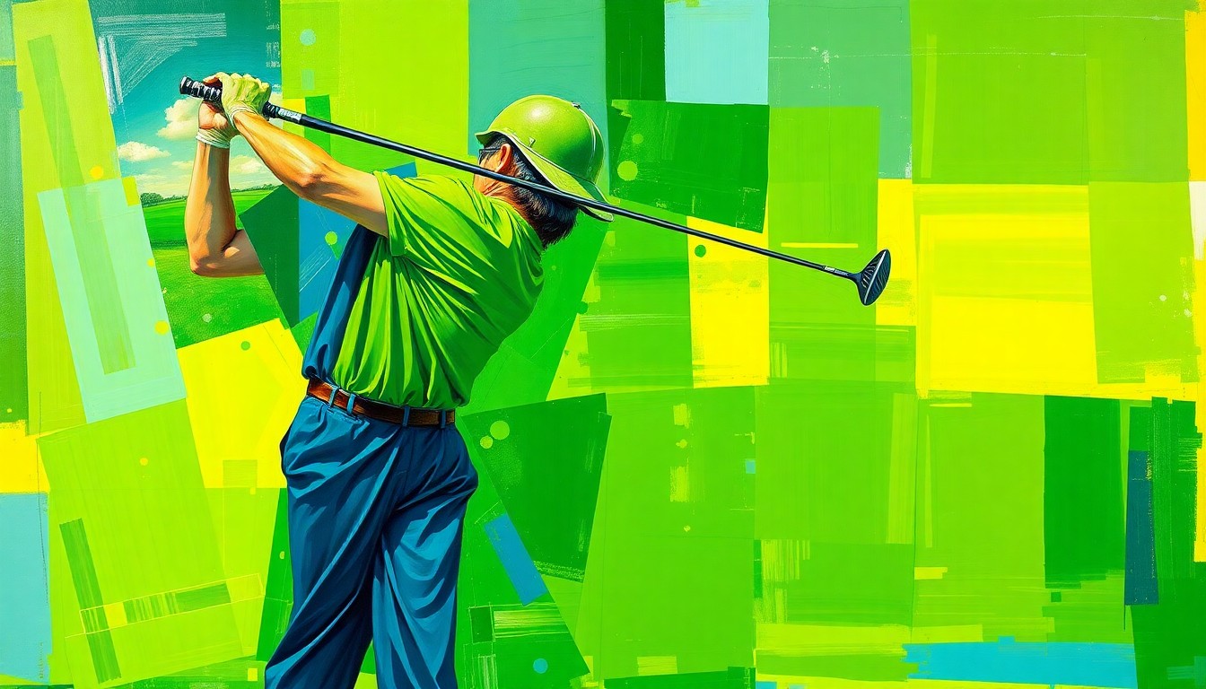 A fragmented, geometric painting depicting a golfer's swing in motion, with sharp planes of color and overlapping shapes conveying the power and focus of the athlete's movements.