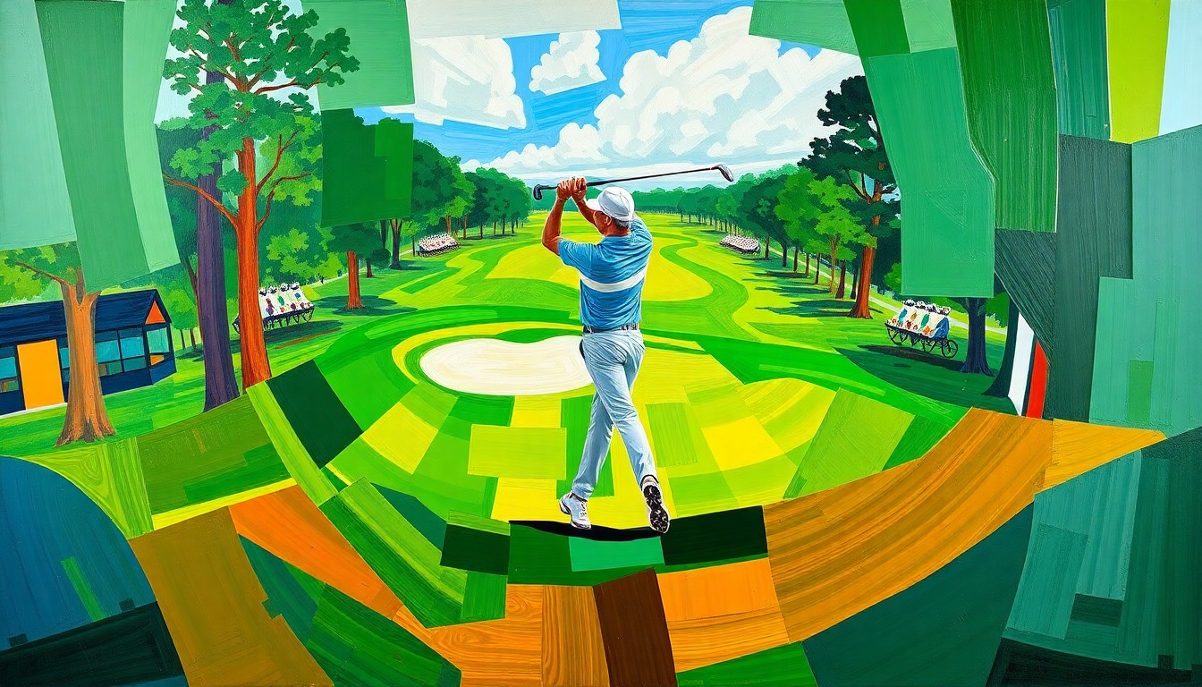 A fractured, geometric painting depicting a golfer's swing and motion on the Augusta National course, with sharp, overlapping planes of color representing the course's undulating terrain and the player's dynamic movements.