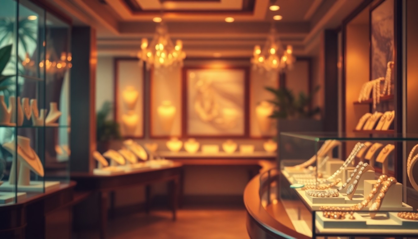 An extremely abstracted, out-of-focus photograph shot through condensation or rain-streaked glass, depicting a luxurious jewelry display in a lush, elegant setting, with soft pools of warm color and light.