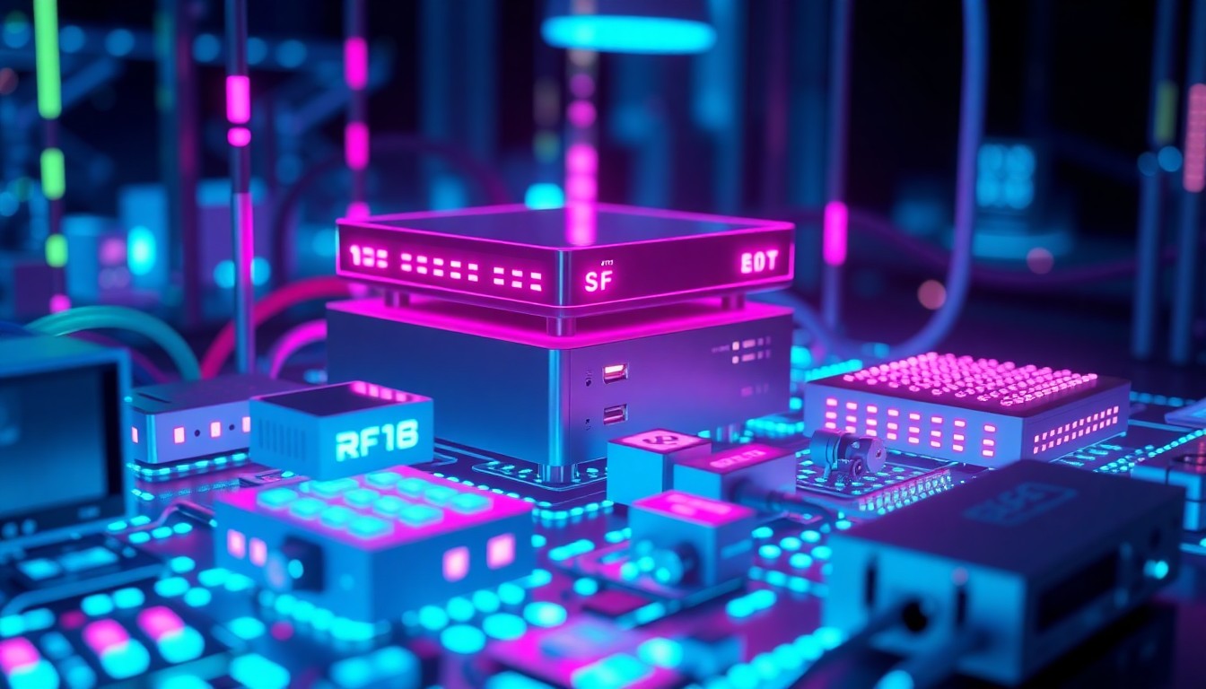 A highly detailed, glowing 3D illustration of various edge computing devices and infrastructure, including sensors, gateways, and routers, illuminated by vibrant neon cyan and magenta lights, conceptually representing the complex, interconnected nature of edge systems and the importance of observability.