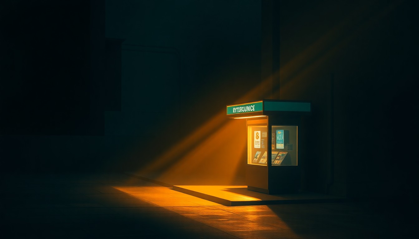 A photorealistic painting of a solitary cryptocurrency kiosk in a dimly lit urban setting, with warm sunlight casting dramatic shadows across the machine and the surrounding environment, conceptually illustrating the growing issue of cryptocurrency-related scams.