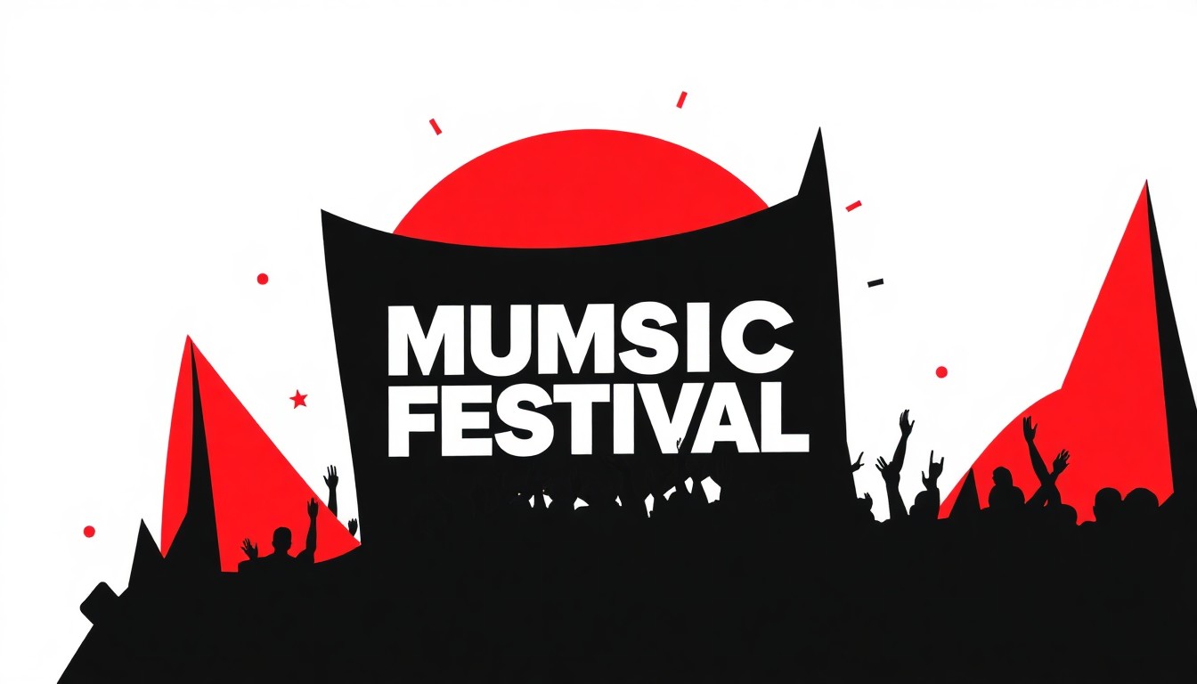A dynamic, abstract composition of sharp, geometric shapes in bold black, white, and red, conceptually representing the energy and variety of a summer music festival.