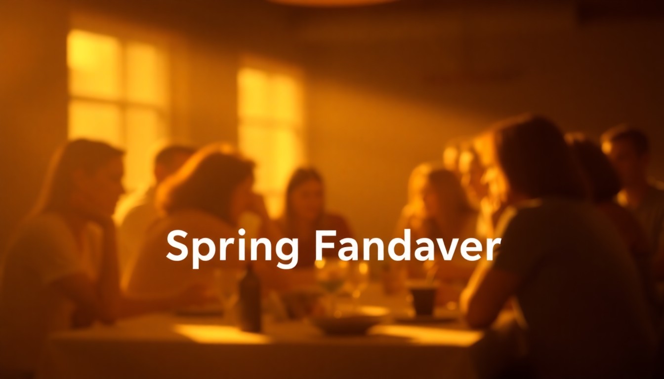 An abstract, impressionistic photograph of a group of people gathered around a table, their faces and forms blurred into soft, colorful shapes, conveying the celebratory atmosphere of a community event.