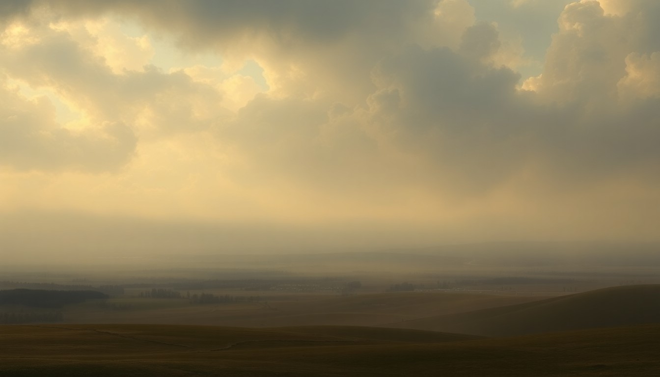 A vast, atmospheric landscape painting in muted tones of grey, blue, and green, depicting a rural Missouri scene shrouded in fog, with the faint outline of a small town visible in the distance, conveying a sense of the overwhelming power and unpredictability of nature.