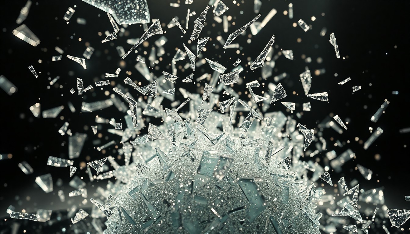 An extreme close-up of shattered glass and glittering shards, captured in dramatic high-contrast lighting to create a conceptual illustration of the confusion and chaos caused by the mistaken report of Michael J. Fox's death.
