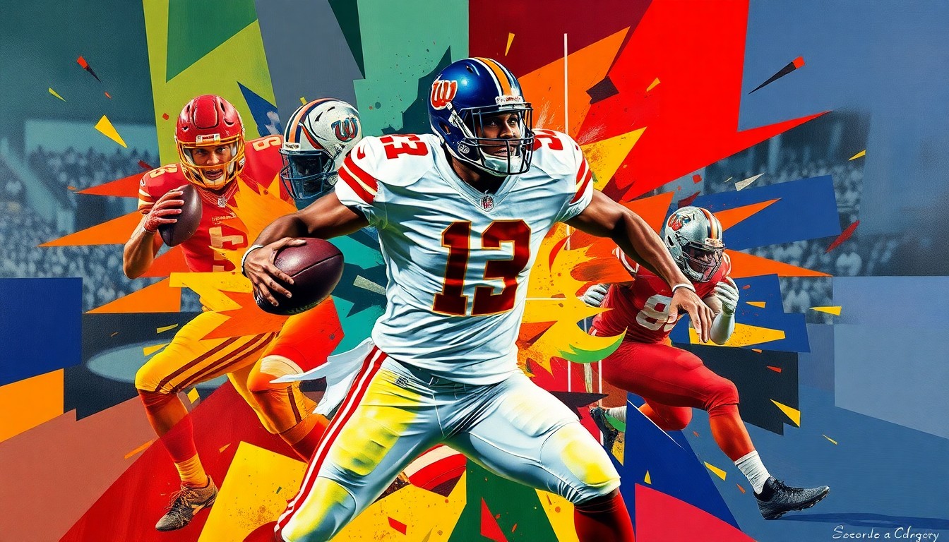 A fragmented, geometric painting depicting the powerful movements and energy of a football player, with sharp planes of color representing the four schools the recruit is considering.