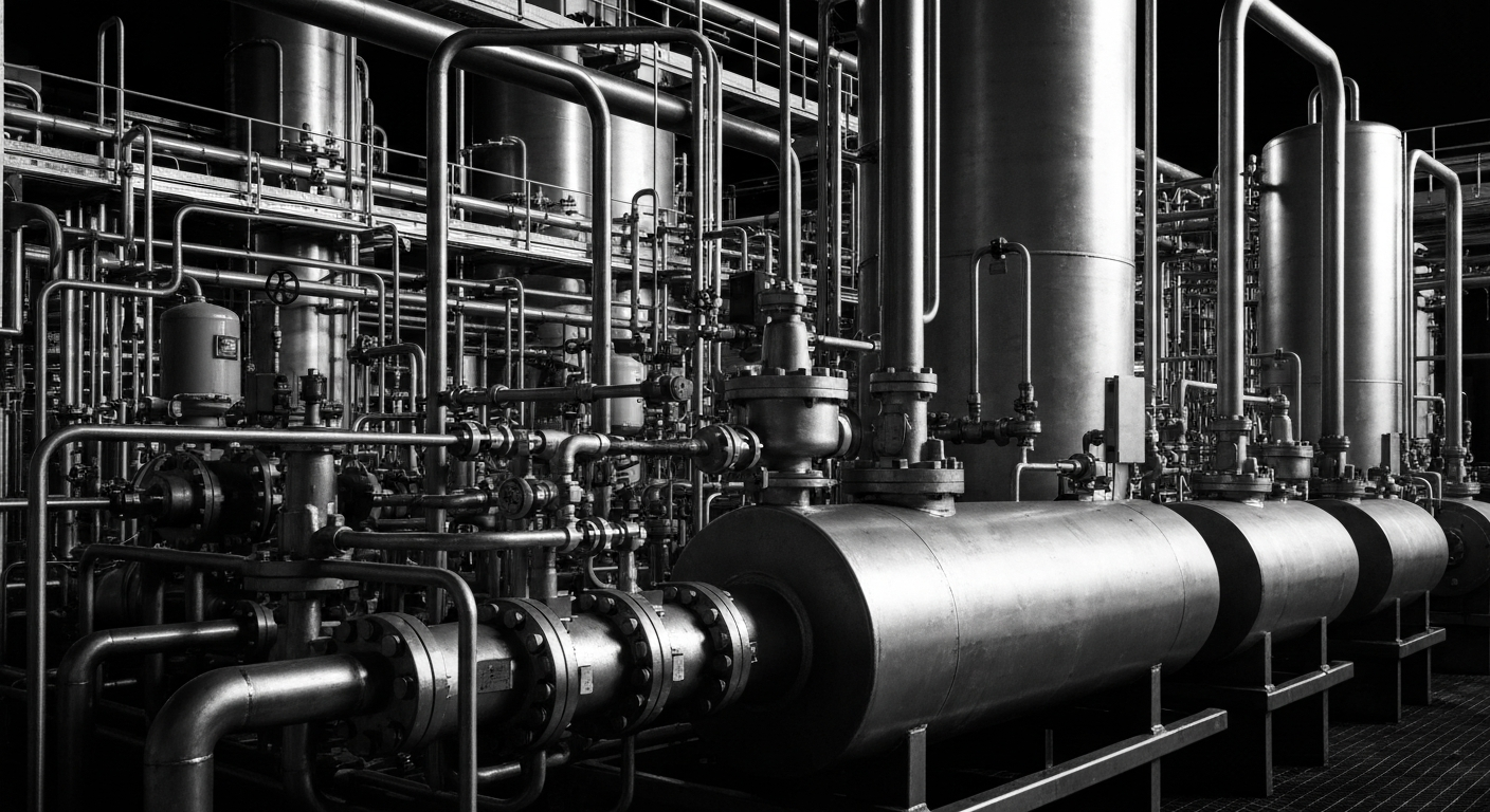 A high-contrast, black-and-white close-up image of the intricate machinery and components that power Air Products and Chemicals' industrial gas production facilities, conveying the company's operational strength and investor confidence through a conceptual, non-literal visual metaphor.