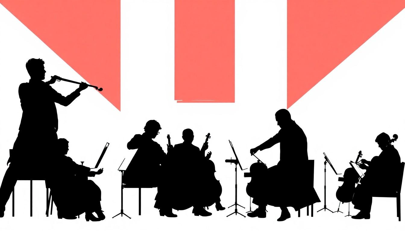 An abstract illustration using bold, jagged black shapes and bright red and white colors to represent the energy and emotion of a symphony orchestra performance.
