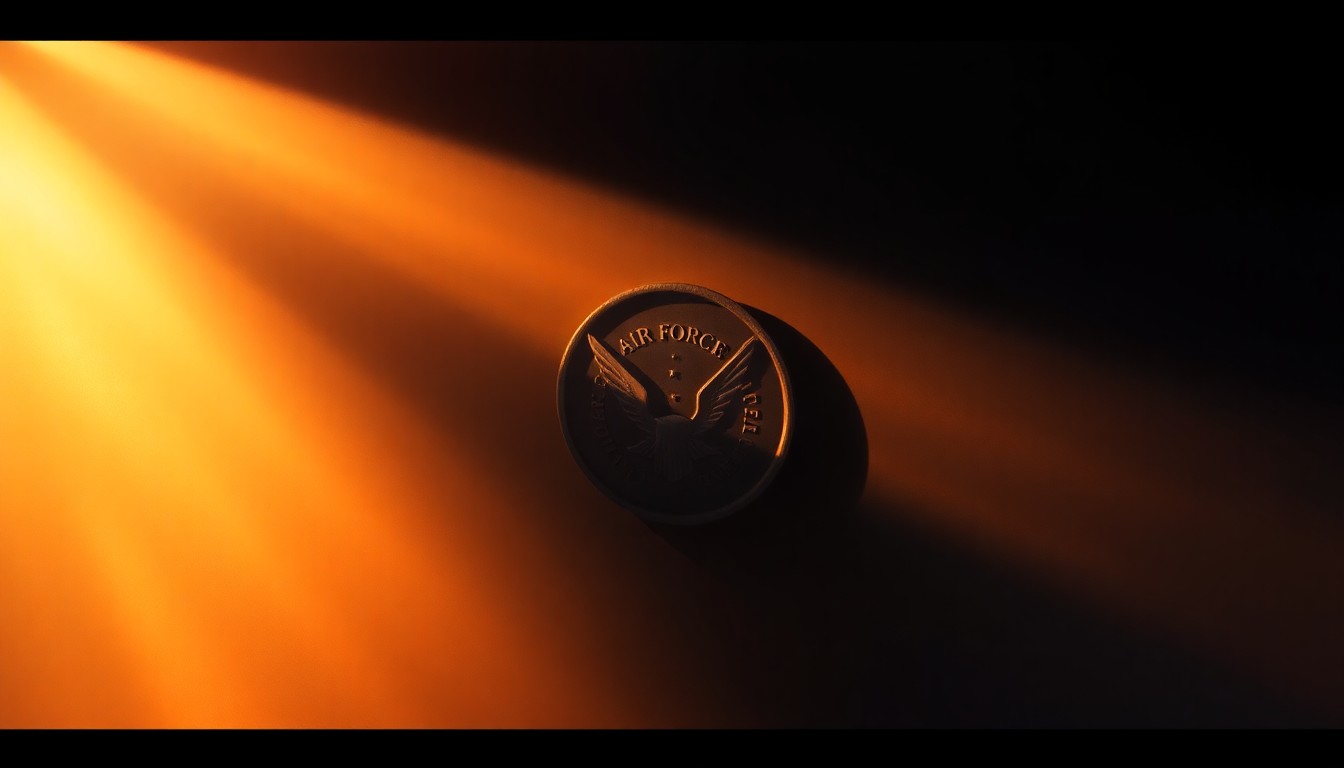 A close-up painting of an Air Force service medal or insignia, with warm sunlight casting dramatic shadows across the metallic surface, conveying a sense of reverence and nostalgia for the veteran's service.