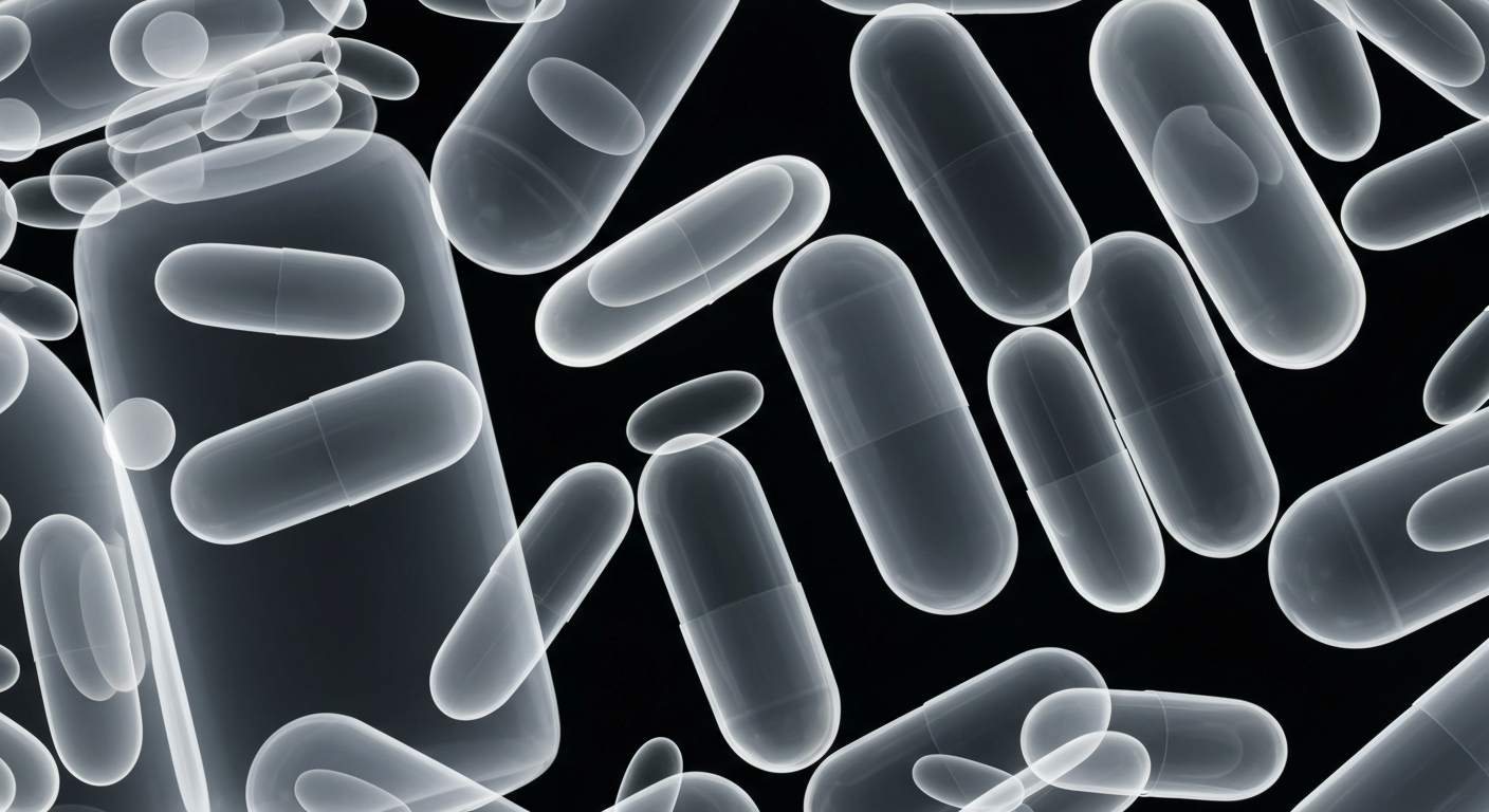 An extreme close-up X-ray photograph showing the internal structures of various prescription medication containers as ghostly, glowing outlines against a dark background, conceptually representing the importance of safely disposing of unused drugs.