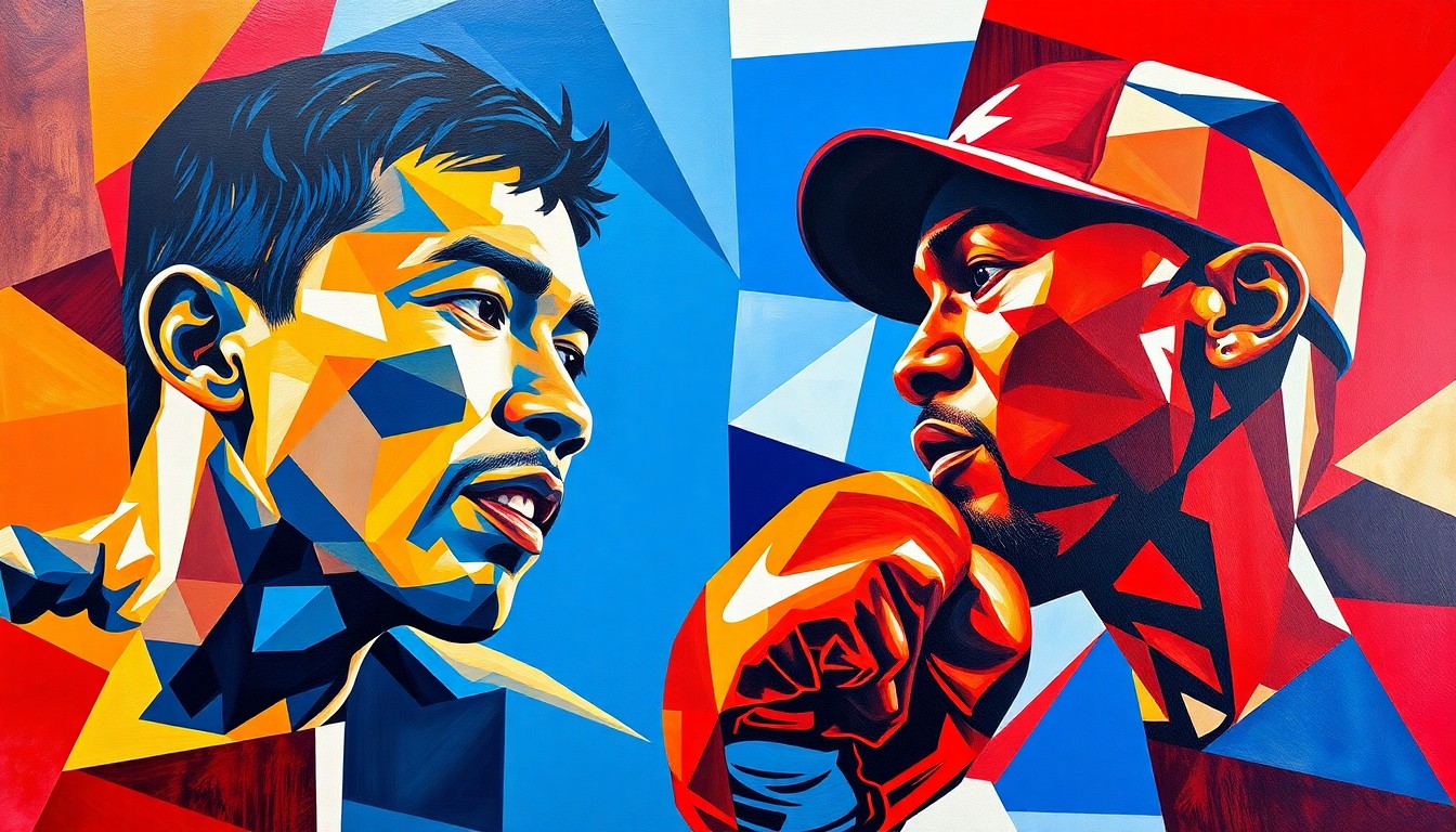 A cubist, geometric painting depicting the silhouettes of two boxers engaged in a match, their forms broken down into sharp, overlapping planes of color in shades of blue, red, and white.