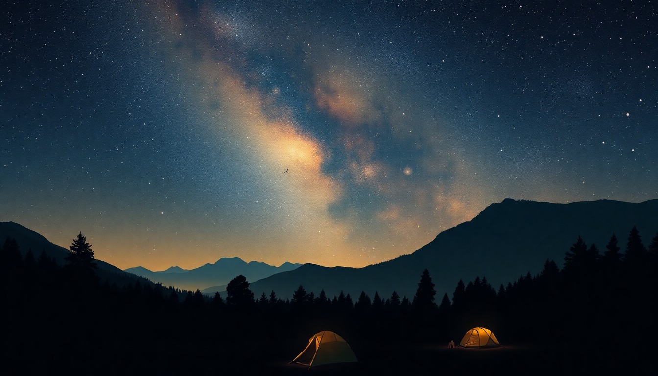 A sweeping, atmospheric landscape painting in muted blues and grays, depicting a starry night sky over a silhouetted park with the faint outlines of tents and camping gear, conveying the mood of a postponed outdoor event.