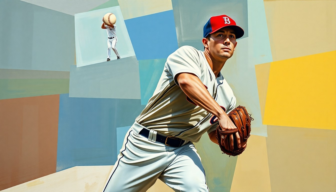 A cubist, geometric painting depicting a baseball pitcher's motion broken down into overlapping angular shapes and planes, representing the fragility and instability of the Astros' starting rotation.
