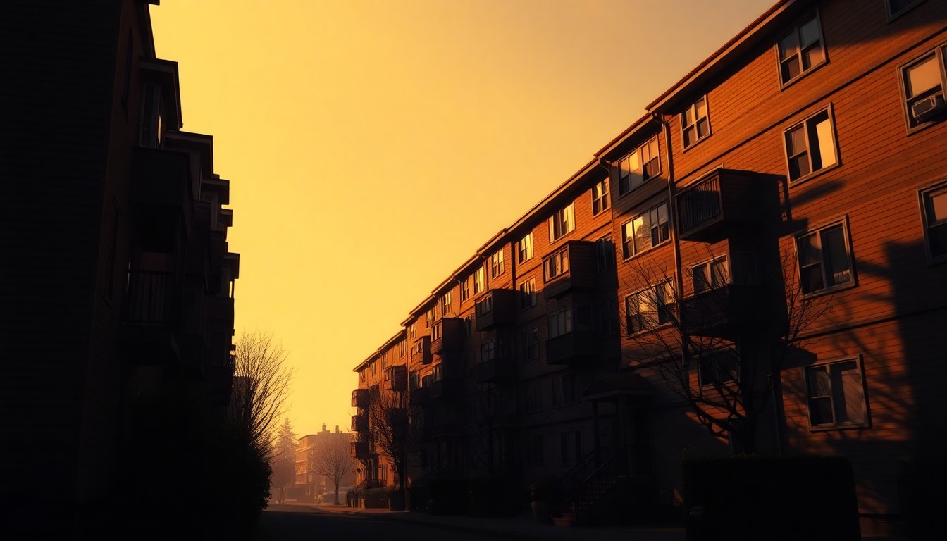 A serene, cinematic painting of a row of residential buildings in Portland, with warm sunlight casting long shadows across the scene, conveying a sense of the city's housing challenges.