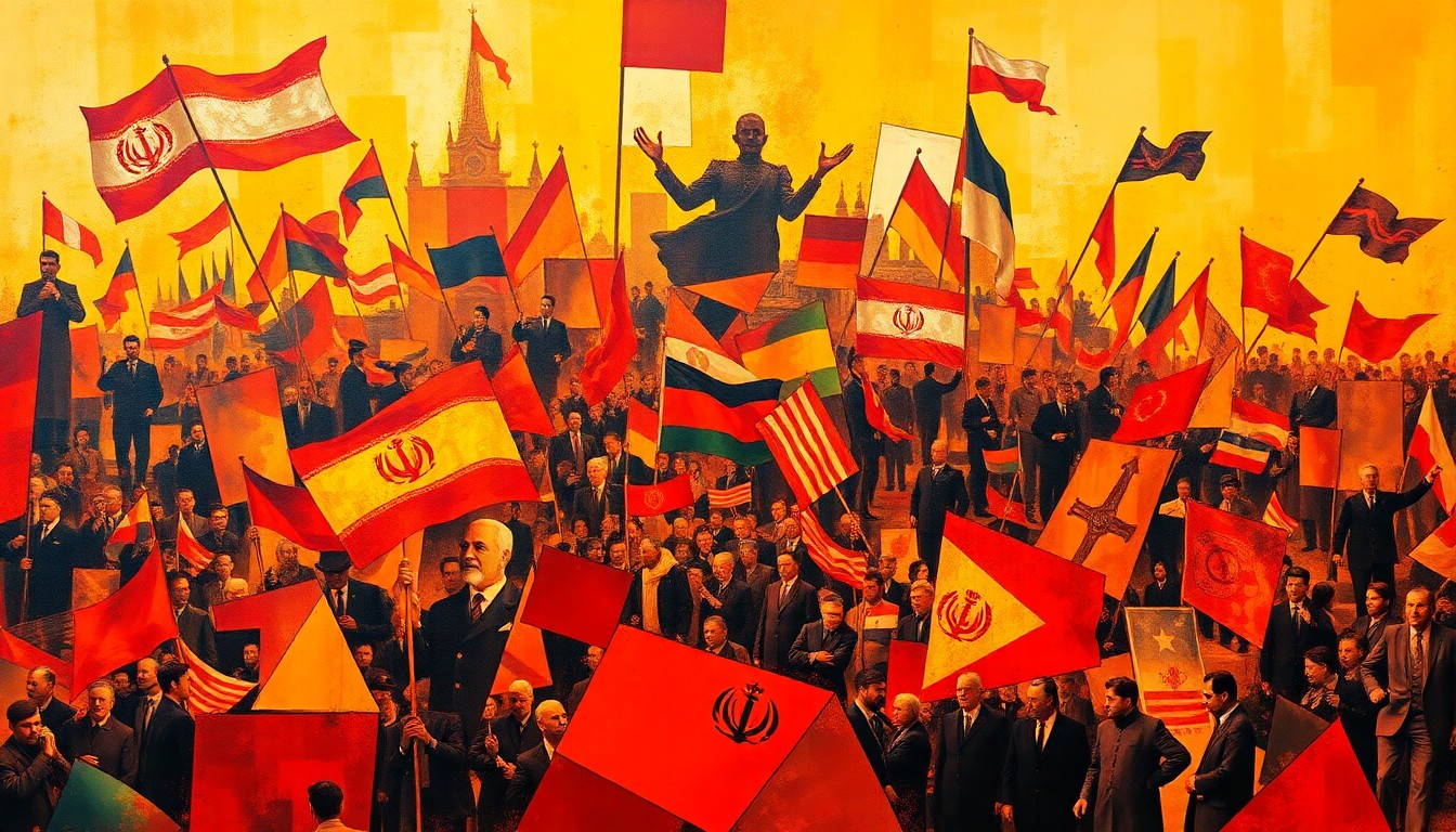 A dynamic, abstract painting in warm tones depicting fragmented, overlapping political symbols and figures, conveying the chaotic tensions between Trump and European nationalist leaders over the Iran conflict.