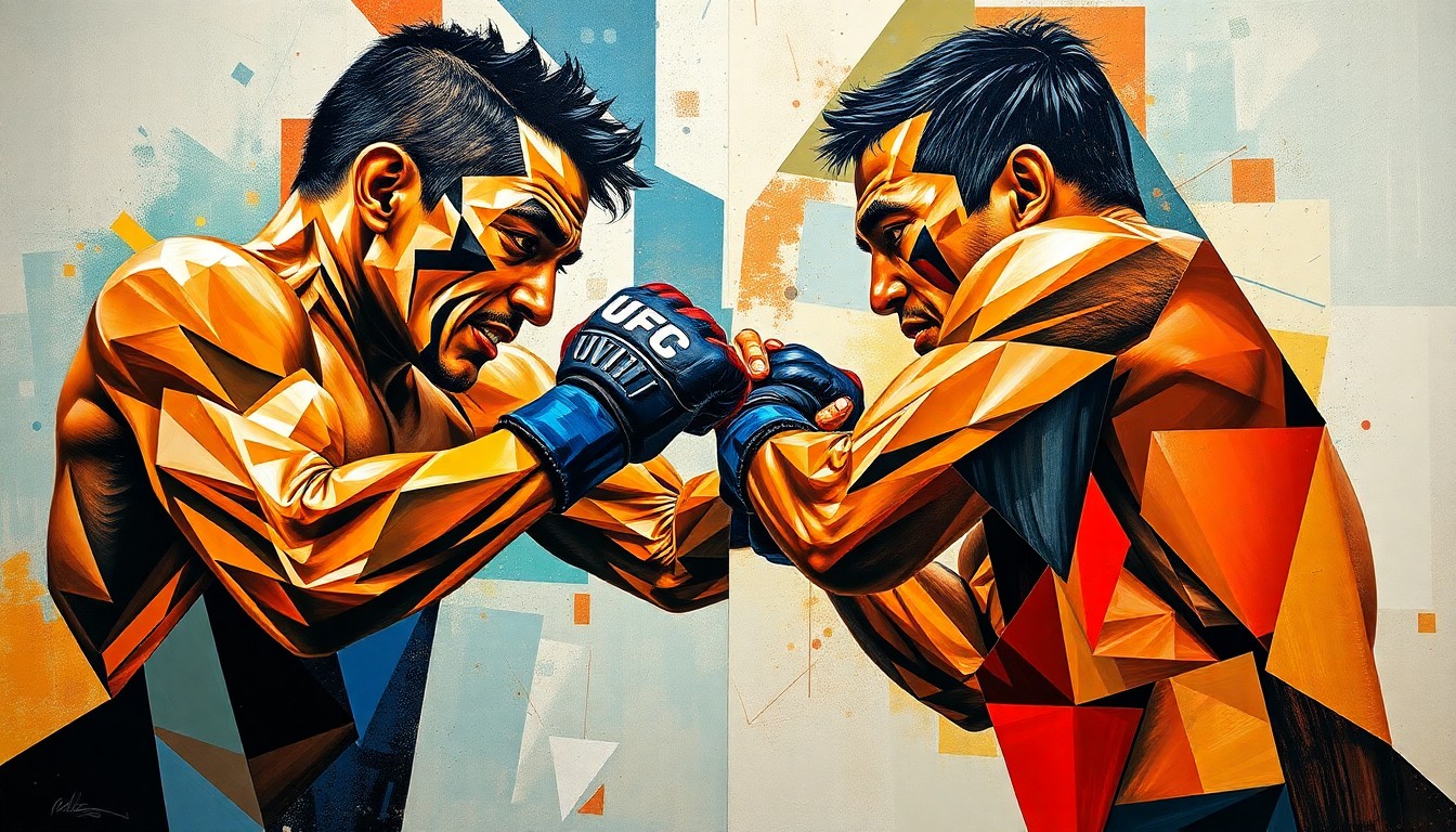 A cubist, fragmented painting depicting the dynamic movements and clashing of two UFC fighters in the midst of an intense match, with their forms broken down into sharp, overlapping planes of color and geometric shapes.