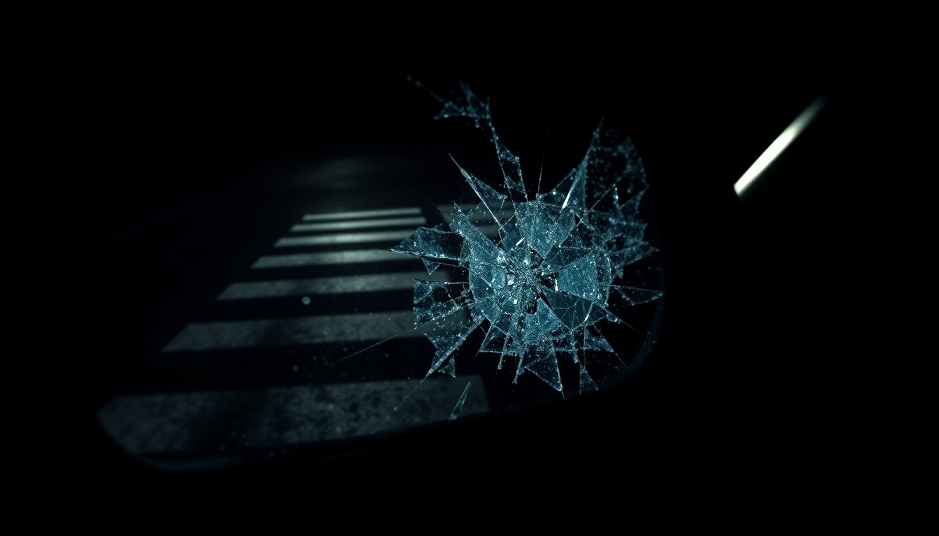 An extreme close-up of a shattered car side mirror reflecting the faint outline of a crosswalk, captured in harsh, direct flash lighting against a pitch-black background to conceptually illustrate the tragic consequences of a fatal pedestrian collision.