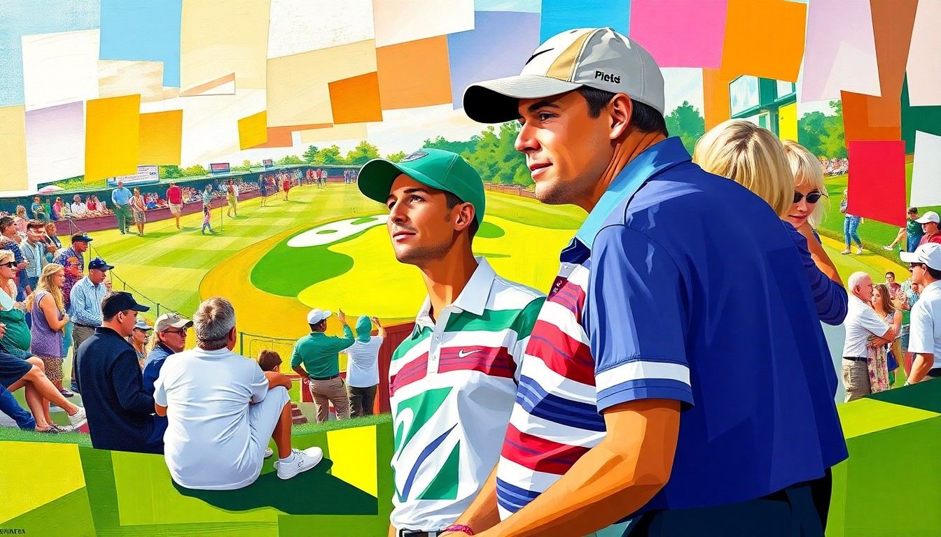 A fractured, cubist-style painting depicting the scene of Scottie Scheffler, his wife Meredith, and their two young sons at the Masters golf tournament, with the figures and surroundings broken down into sharp, overlapping geometric shapes and planes in a vibrant color palette.