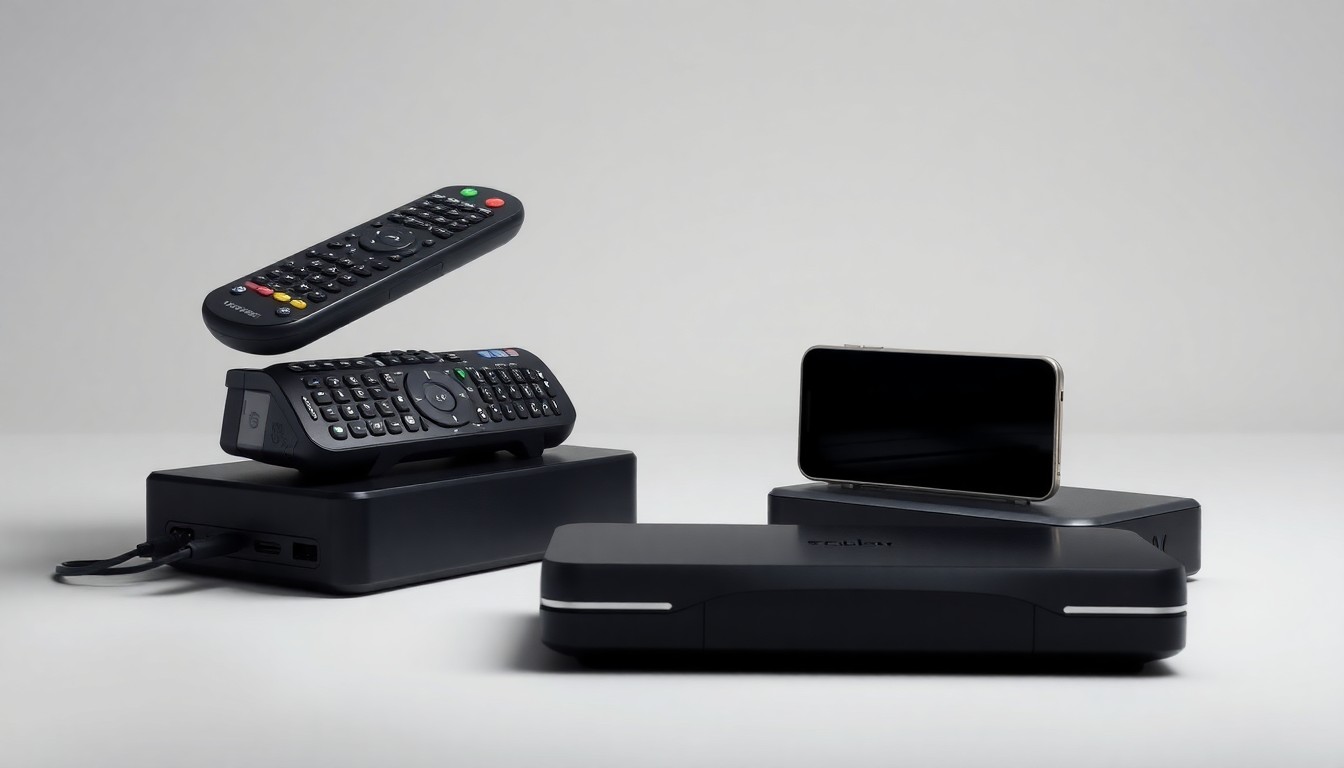 A minimalist studio still life photograph featuring a stack of remote controls, a streaming device, and a smartphone on a clean, monochromatic background, symbolizing the fragmented and expensive world of sports media distribution.