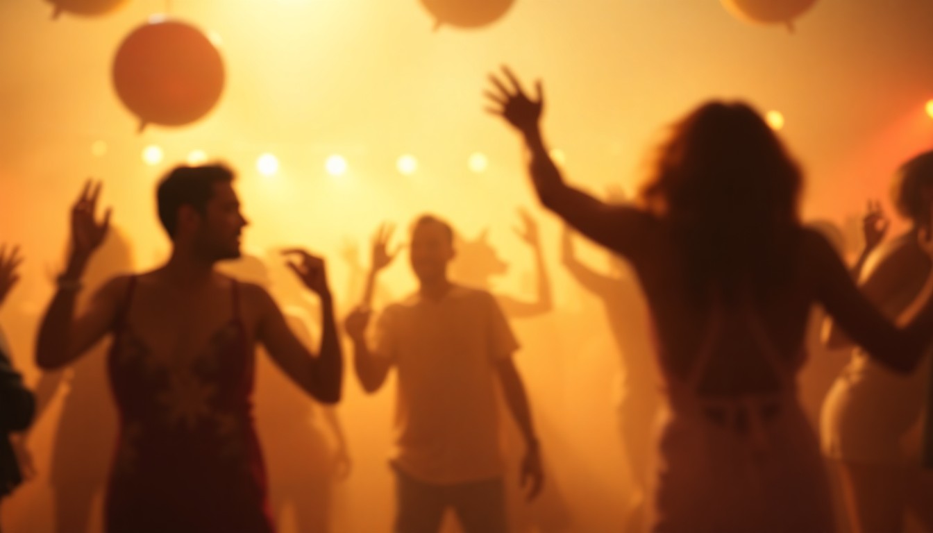 A softly blurred, out-of-focus photograph in warm, hazy tones depicting a group of people dancing at a lively party, with the silhouettes of animals in the background, conceptually representing the celebratory energy of HumaneCNY's 60th anniversary event.