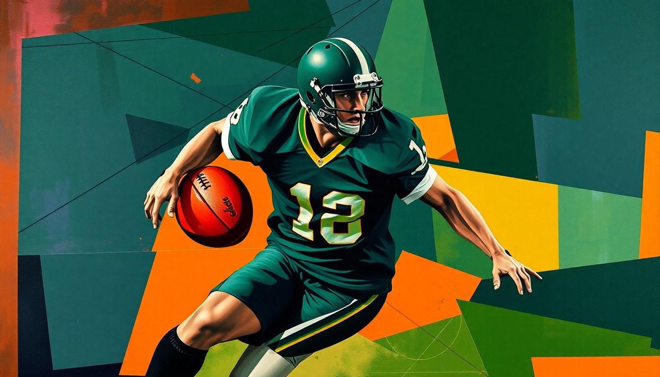 A fragmented, cubist-style painting depicting a football player in motion, with their body broken down into sharp, overlapping geometric shapes in a color palette of navy, green, and orange, conveying a sense of tension and unresolved conflict.