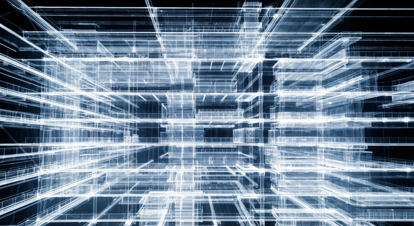A ghostly, translucent X-ray photograph revealing the intricate internal structure of a modern medical facility, with glowing lines and shapes representing the complex network of technology, equipment, and infrastructure that will support the new ASU Health campus.