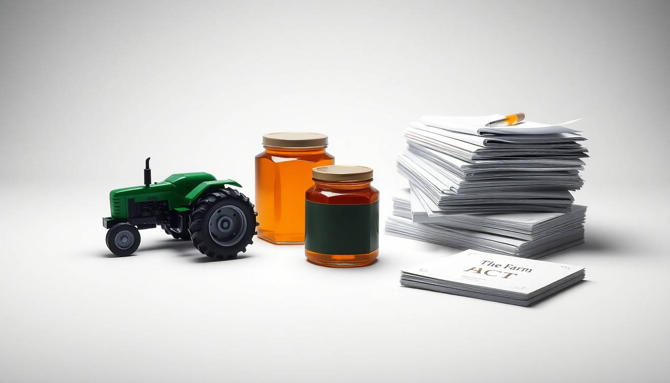 A high-end, photorealistic studio still-life photograph featuring a collection of polished, geometric objects representing various aspects of the Iowa Farm Act, such as a small tractor, a jar of honey, and a stack of documents, all arranged elegantly on a clean, monochromatic seamless background with sharp, dramatic studio lighting and deep shadows.