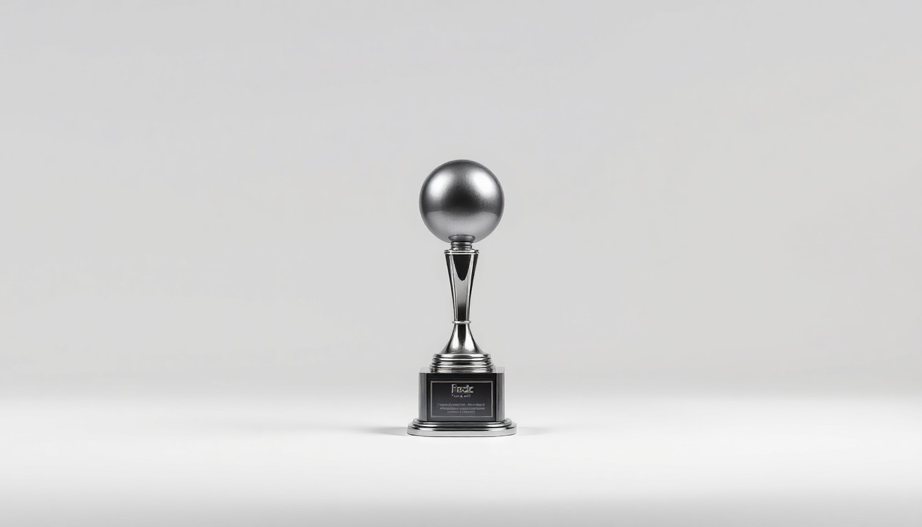 A minimalist, high-contrast studio photograph featuring a single, polished metal trophy or award on a clean, monochromatic background, symbolizing the prestige and accomplishment of the Memphis Tigers' new jersey patch sponsorship deal with FedEx.