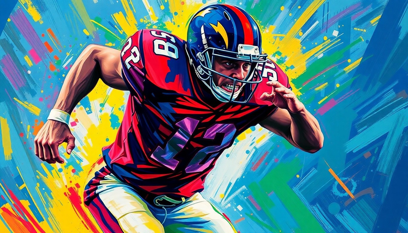 An abstract expressionist painting featuring vibrant neon brushstrokes in shades of green, blue, and orange, capturing the raw energy and determination of an older athlete training for a comeback on the football field.