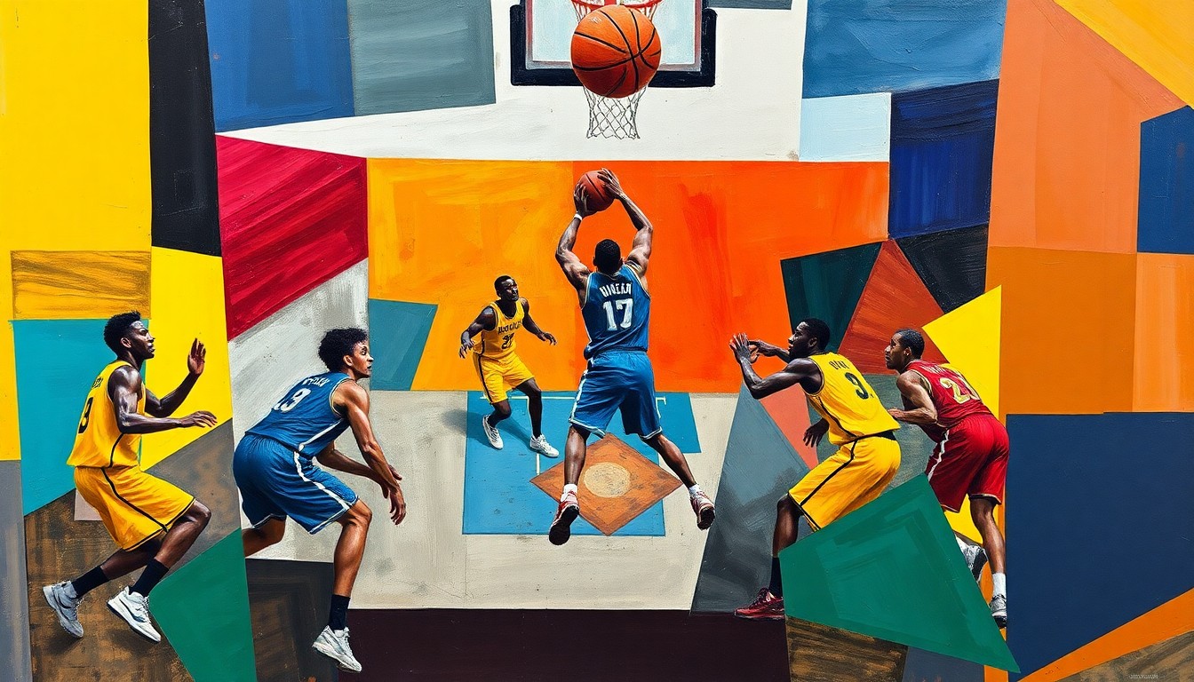A fragmented, geometric painting depicting the chaotic energy of a basketball game, with players' forms broken down into angular shapes and planes of vibrant colors.