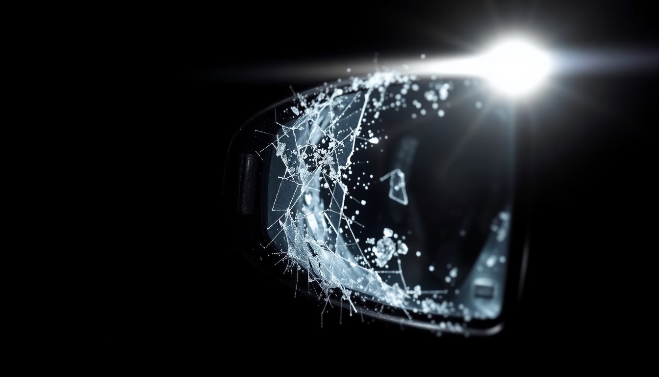 An extreme close-up photograph of a shattered car side mirror or headlight lens, the dramatic lighting and stark contrast creating a gritty, investigative aesthetic that conceptually represents the tragedy of a hit-and-run collision.