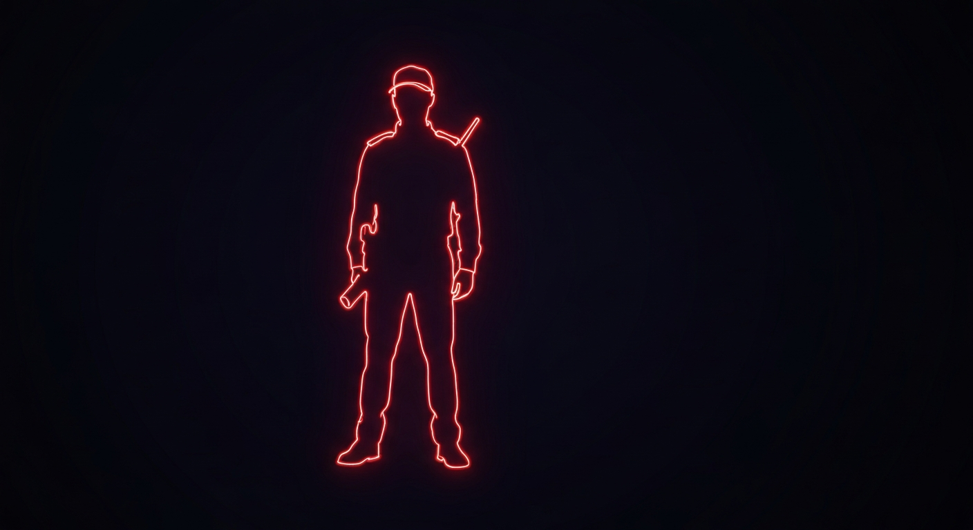 A glowing neon outline of a security guard's silhouette, standing vigilant and alert, against a dark background, conceptually representing the vital role of hospital security professionals.