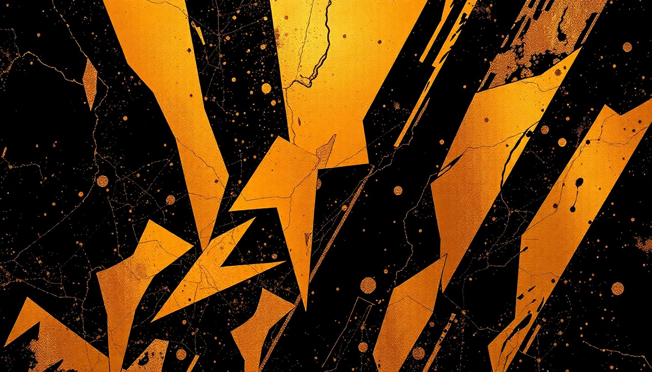 An abstract composition of sharp, angular shapes in metallic gold and bronze tones, conveying the dynamic energy and cultural influences within Philoche's latest artwork.