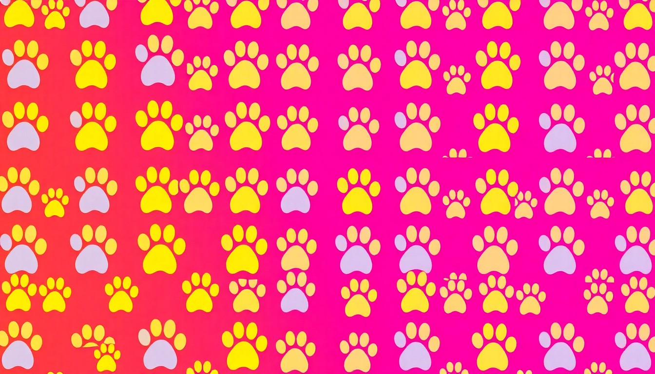 A bold, stylized image composed of repeating cat paw prints in a vibrant neon color palette, capturing the whimsical spirit of a feline-themed community event.